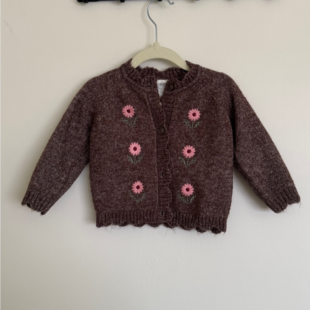 NWOT H&M Brown Knit Cardigan with Pink Floral Embroidery